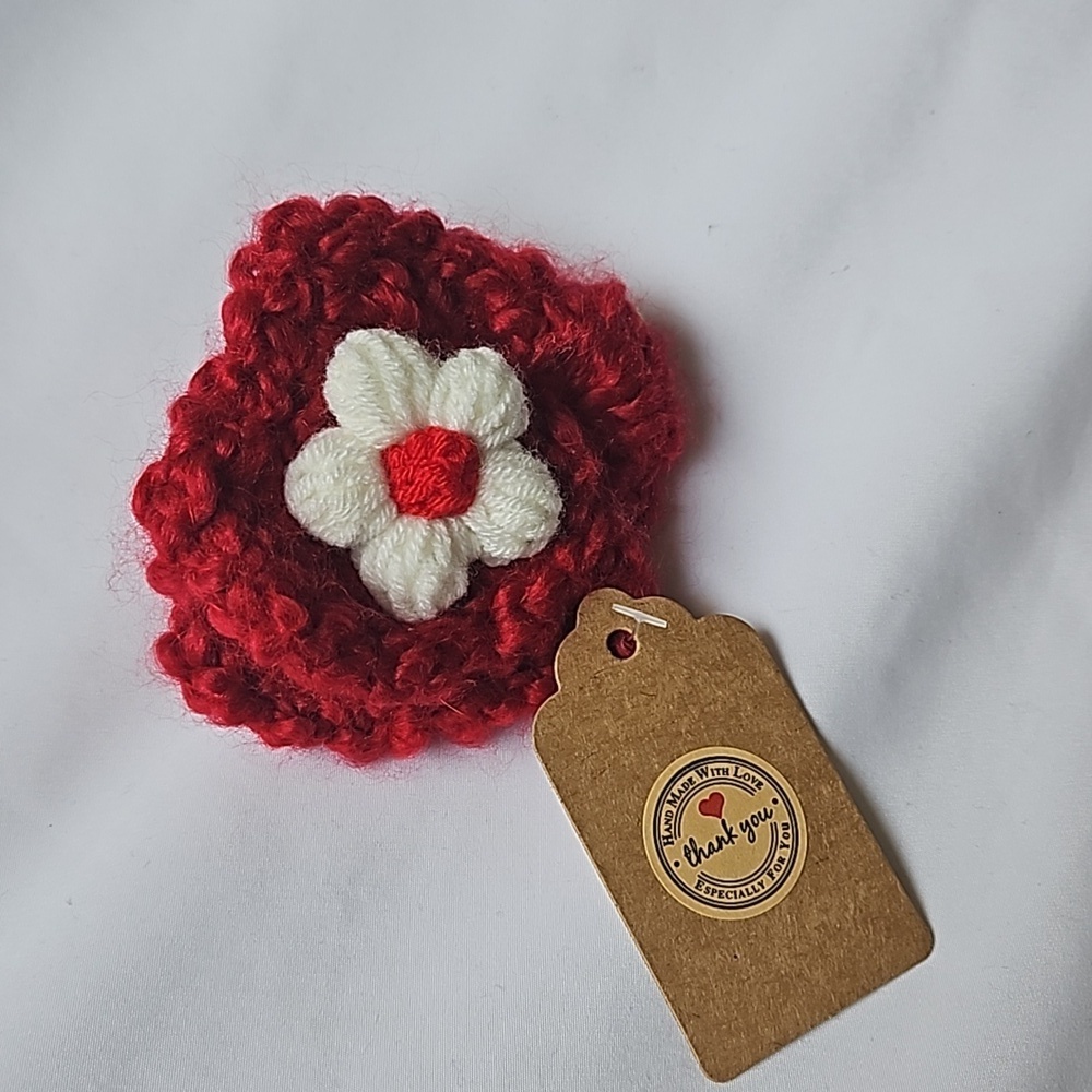 Hand Crafted Red Crochet Chunky yarn Red & white Puffy Flower barrette Hair Clip - Picture 8 of 17